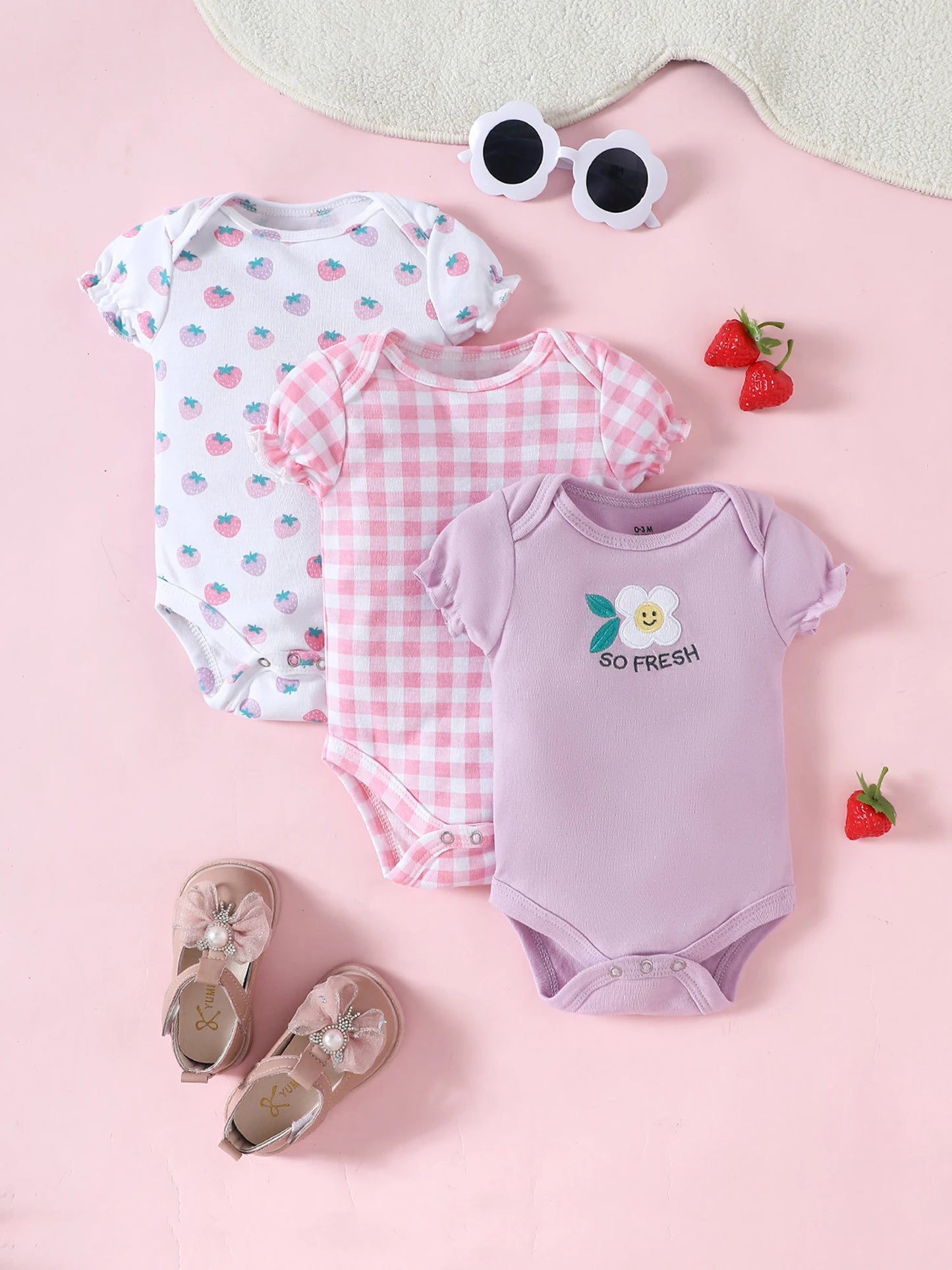  3PCS Summer Baby Girls Three Piece Bodysuit  Animal Kingdom and Elephant Letter Pattern Short Sleeve Bodysuit Mother's Day Gif