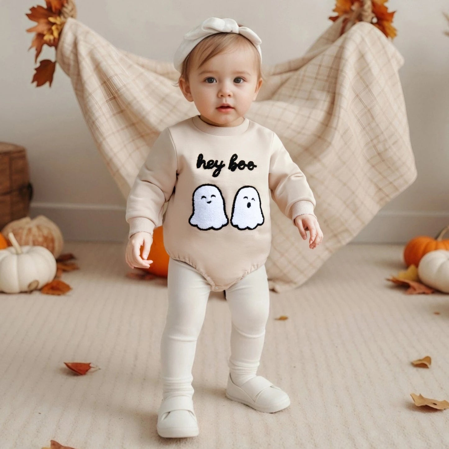 0-18M Newborn Baby Halloween Romper Letter Ghost Embroidered Crew Neck Long Sleeve Jumpsuit for Fall