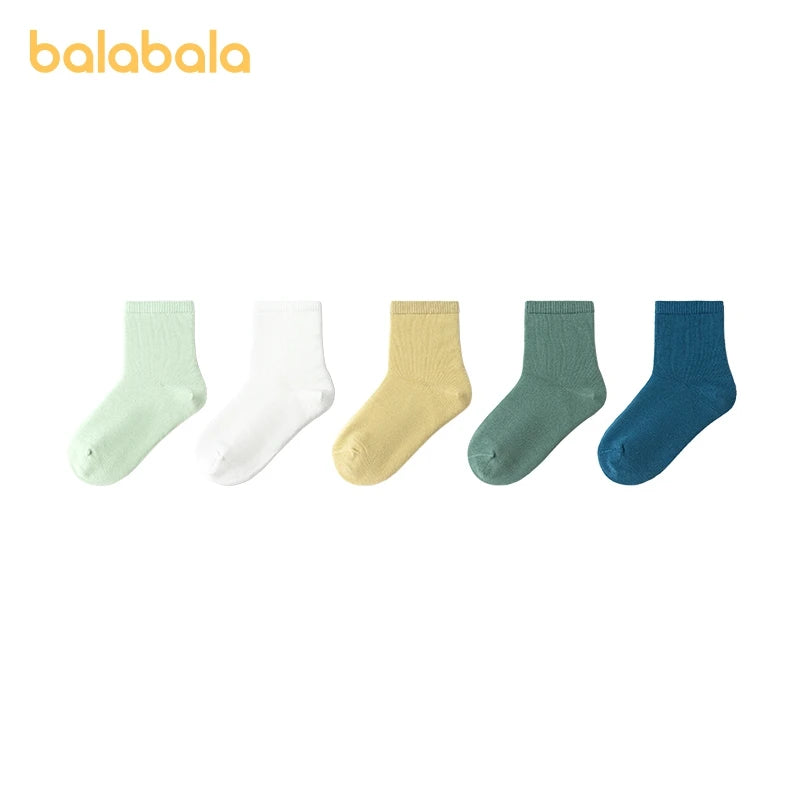 Balabala 5 Pairs Socks Boys Girls 2024 Spring Autumn New Cotton Mid-Calf Socks Solid Colors Comfortable Five Pairs Pack