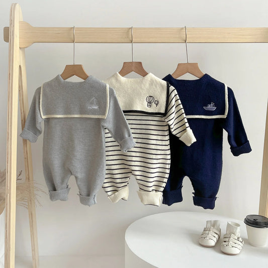 2025 Autumn New Baby Sailor Collar Long Sleeve Knitted Romper Infant Boy Girl Casual Striped Jumpsuit Newborn Toddler Clothes