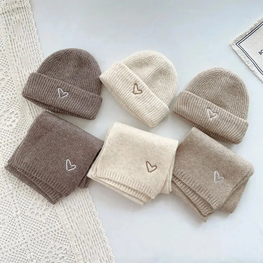 Solid Color Kids Knitted Hat Scarf Love Heart Embroidery Autumn Winter Warm Baby Beanie Outdoor Anti-cold Boys Girls Cap Scarves