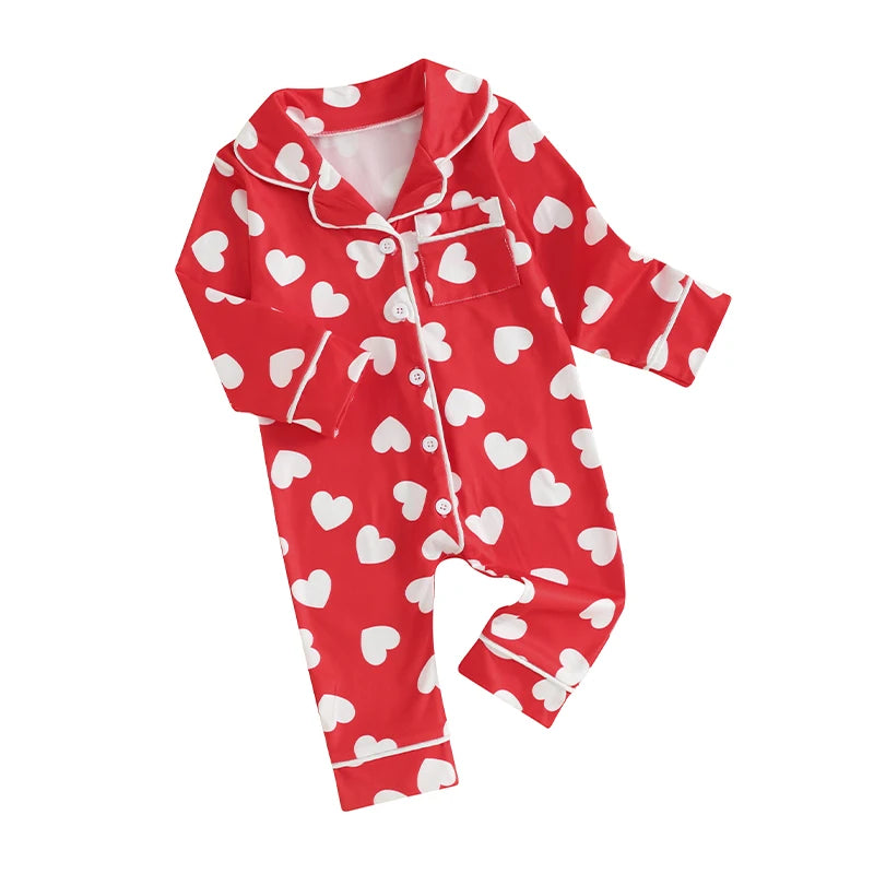 0-24M Baby Pajamas Jumpsuits Heart Print Lapel Button Up Long Sleeve Romper Boys Girls Sleepwear Newborn Infant Clothes Homewear