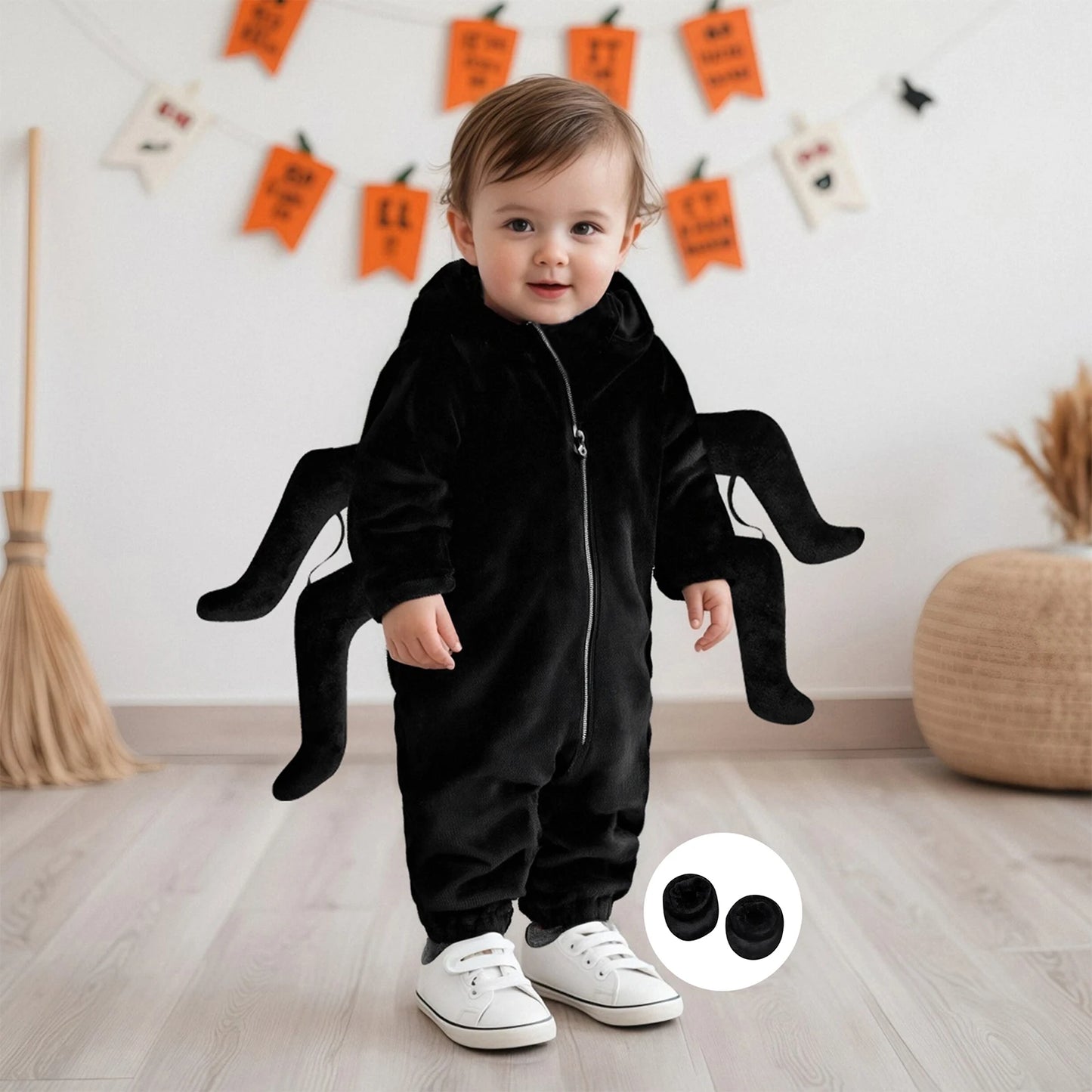 Baby Spider Costume Creative Halloween Zipper Up Cosplay Hooded Jumpsuit with Foot Covers for Party