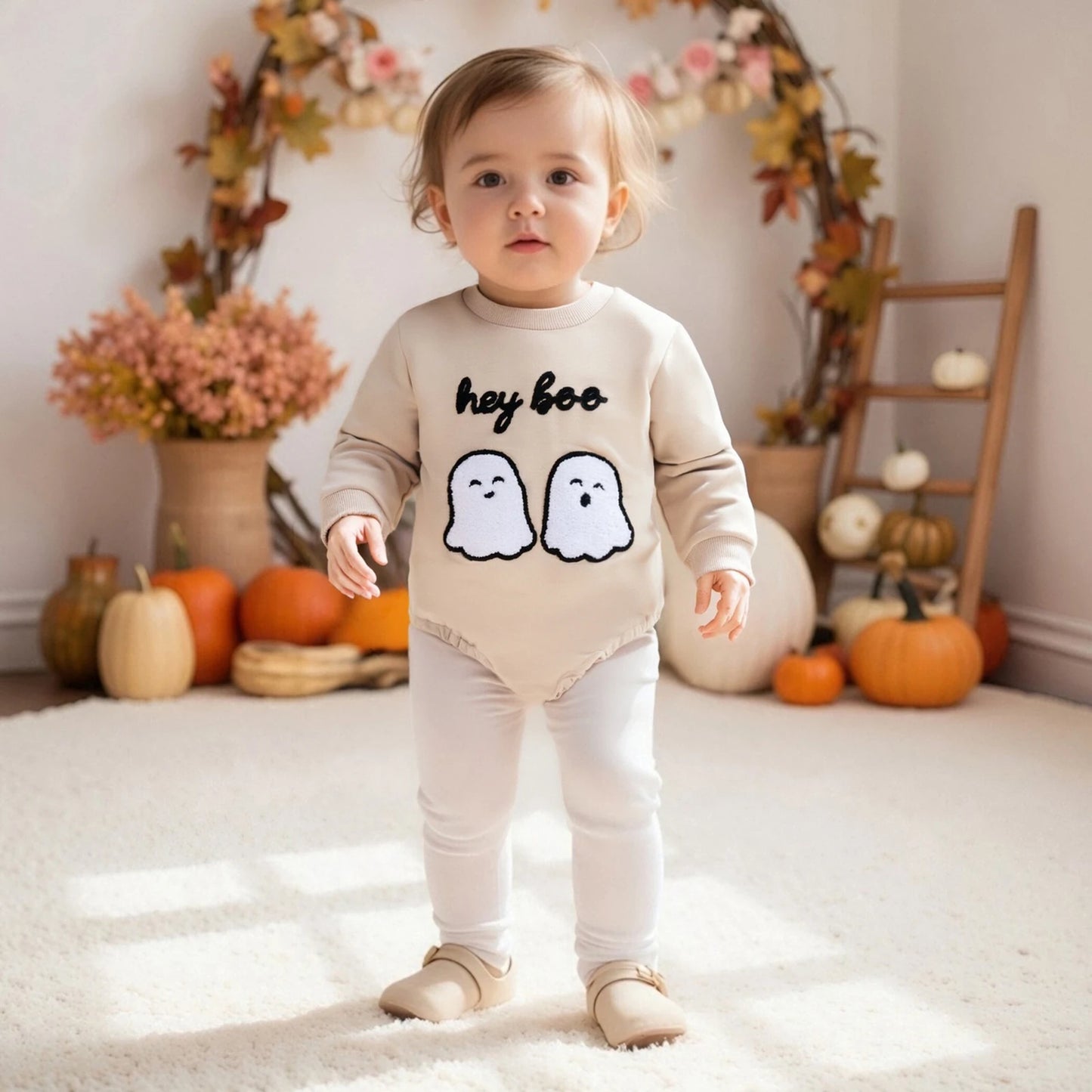 0-18M Newborn Baby Halloween Romper Letter Ghost Embroidered Crew Neck Long Sleeve Jumpsuit for Fall