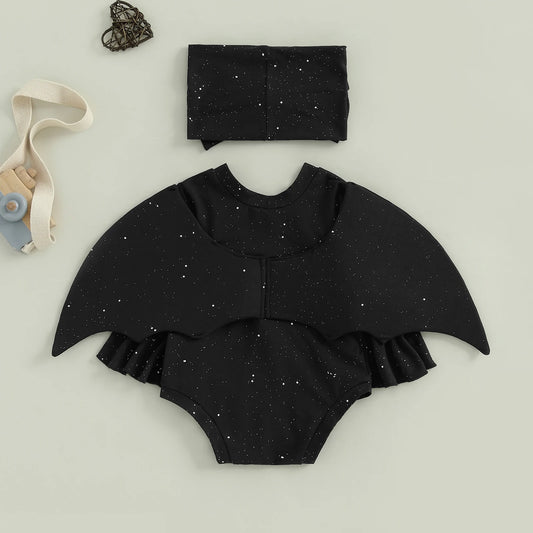 Toddler Baby Girl Bat Costumes Glitter Batwing Long Sleeve Romper with Bow Headband 2 Piece Halloween Outfit