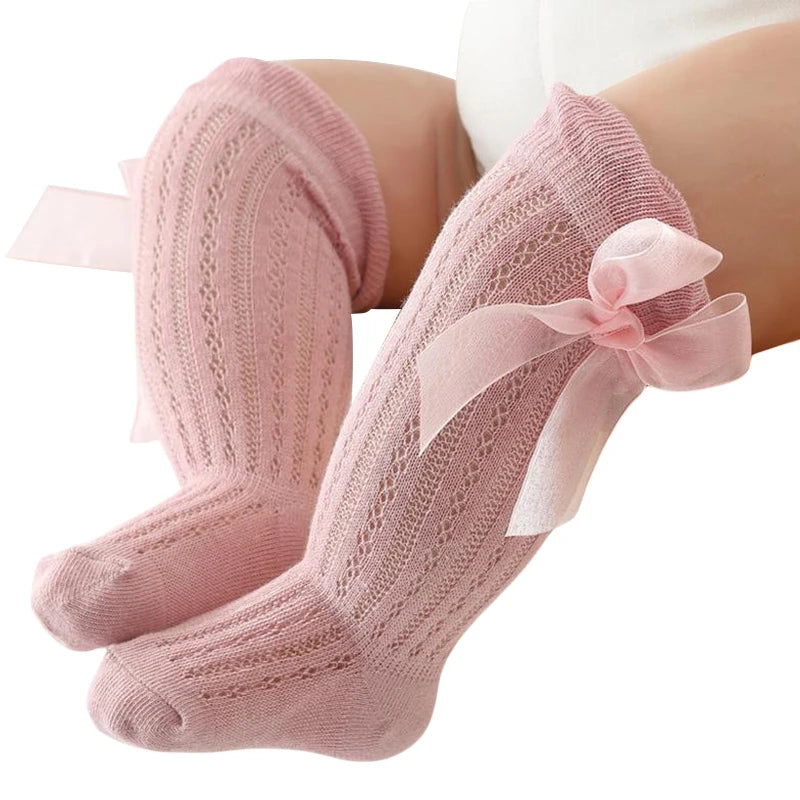 Baby Knee High Socks Toddler Long Socks Girls Bow Ruffled Knee Socks Bow Mesh Tube Stockings Infant Dress Socks