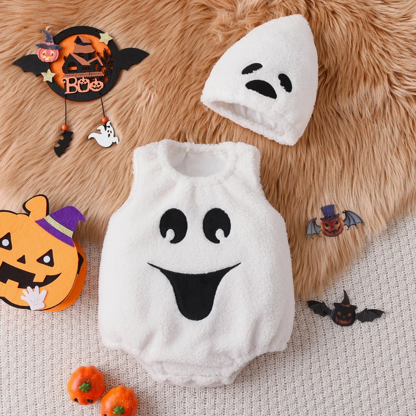 Newborn Baby Boy Girl Halloween Costume Pumpkin Ghost Face Embroidery Romper Hat Infant Halloween Pumpkin Photography Clothes