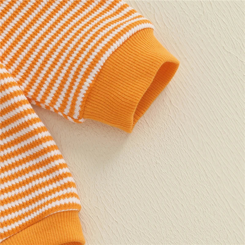 Newborn Baby Girl Halloween Outfit Ghost Pumpkin Pattern Striped Crew Neck Long Sleeve Romper with Headband 2 Pcs Set for Fall
