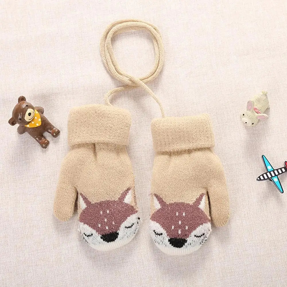 Baby Boys Girls Plush Hanging Neck Knitted Mittens Cute Thick Warm Kids Gloves For 1-3 Years Old