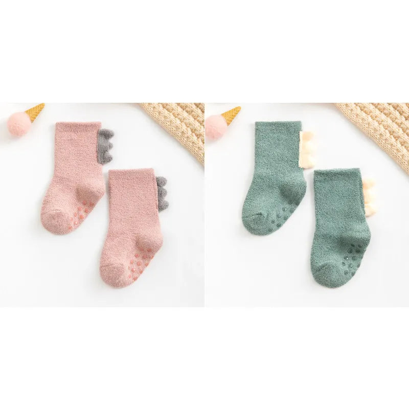 2Pairs Lovely Cute Cartoon Dinosaur Kids Baby Socks Girl Boy Non-slip Floor Socks Animal Infant Soft Cotton Thick Warm Leg Socks