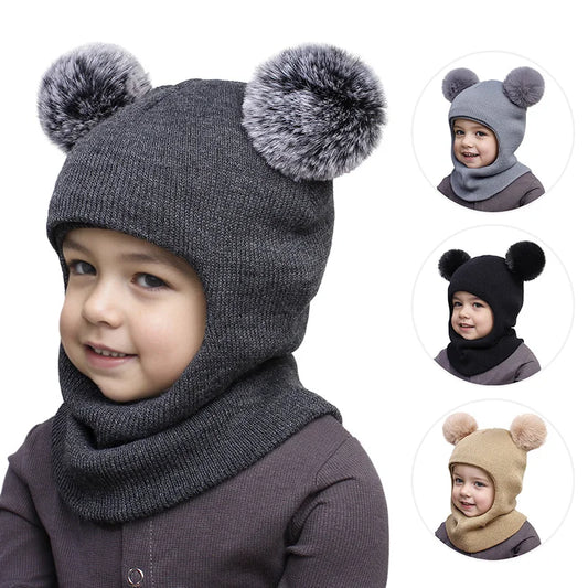 One-Piece Baby Hat Scarf for Boys Cute Pompom Kids Knitted Beanie Winter Infant Girls Cap Ears Neck Warm Protection Bonnet 1-5Y