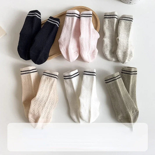 Korean Kids Cotton Mesh Socks Spring Summer Middle Tube Socks Newborn Infant Toddler Boys Girls Stripe Socks 0-7years Old