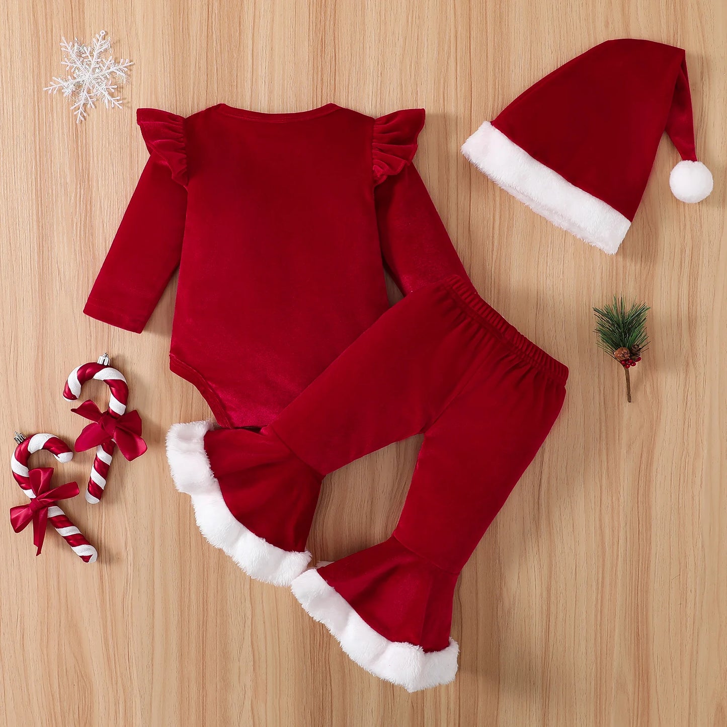 Infant Baby Girl 2023 Christmas Set Long Sleeve Round Neck Ruffled Letters Print Rompers + Flare Pants + Hat