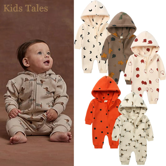 2025 Infant Baby Boys Girls Print Romper Newborn Cotton Fleece Hooded Jumpsuit Toddler Warm Cute Bodysuit Costume For 0-24M