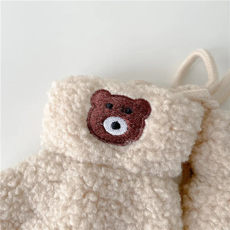 Cute Bear Baby Plush Gloves Thicken Lamb Wool Kids Hanging Neck Glove Cartoon Children Gloves 2-5Year Girl Boy Winter Hand Warm