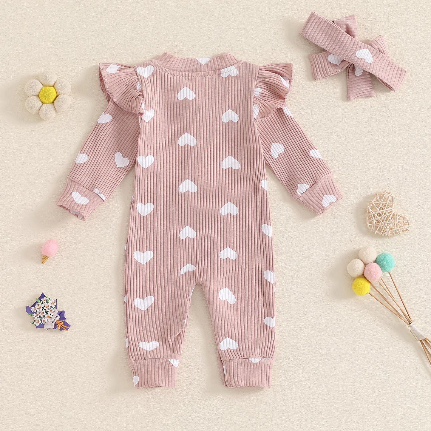 Toddler Girl´s Summer Outfit, Heart Printed pattern Long Fly Sleeves Crew Neck Romper And Bow Knot Headdress 0-18M