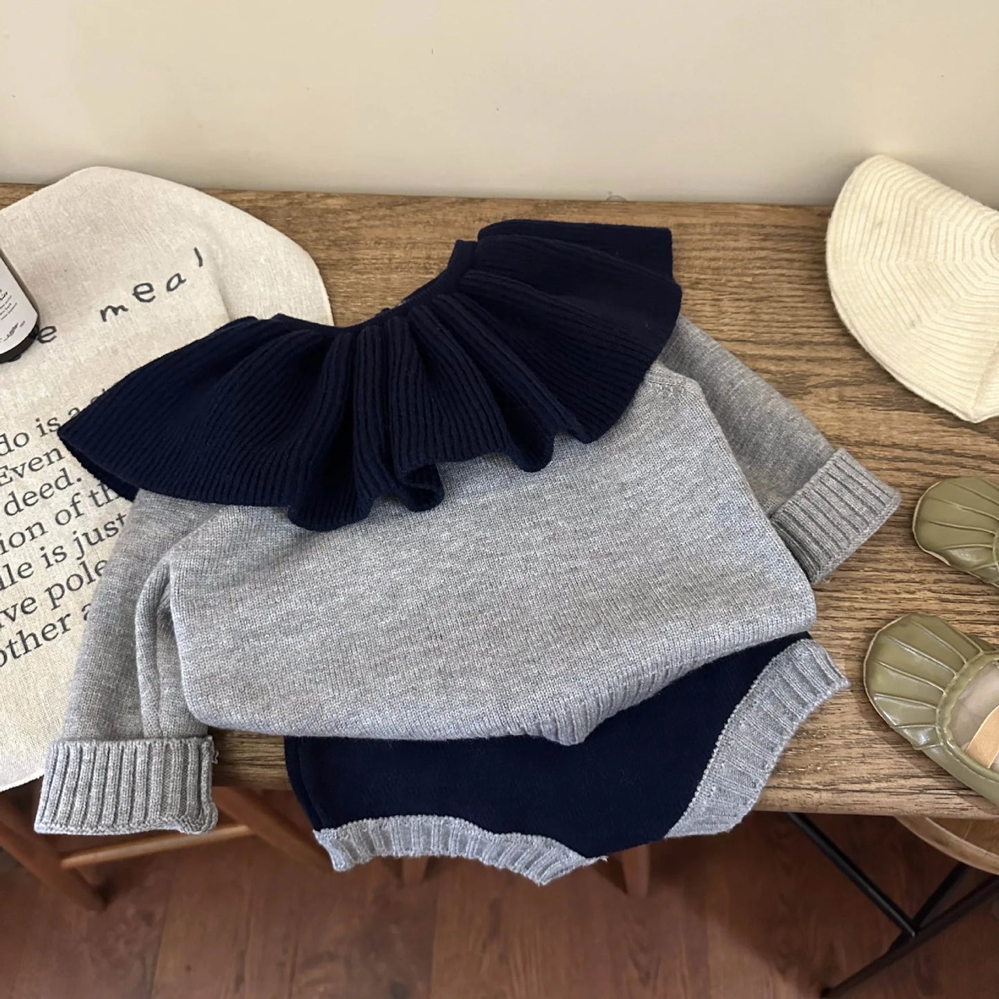 2024 Spring Outfits Children Knitsuit Fashion Girl Baby Knitted Lotus Collar Long Sleeve Tops+Shorts 2pcs Kid Casual Sweater Set