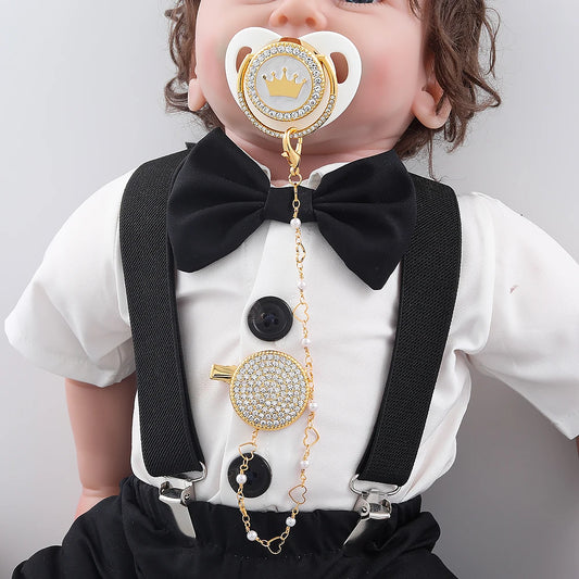 Luxury Baby Corwn Pacifier Gold With Clips Hot Sell BPA Free Silicone Infant White Pacifier For Baby Shower Gift Chupetes