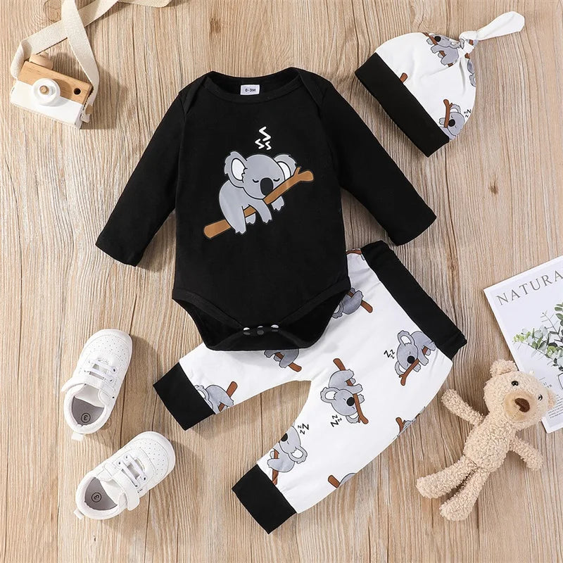 Pudcoco Infant Newborn Baby Boys Outfits Koala Long Sleeve Crew Neck Romper Elastic Waist Long Pants Hat 3Pcs Clothes Set 0-18M