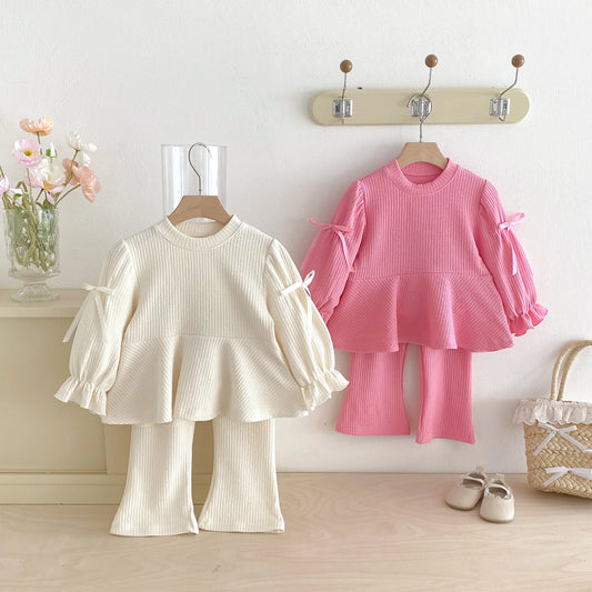 2025 Autumn New Children Long Sleeve Clothes Set Girls Cute Bow Loose Tops + Flared Trousers 2pcs Suit Cotton Kids Girls Outfits