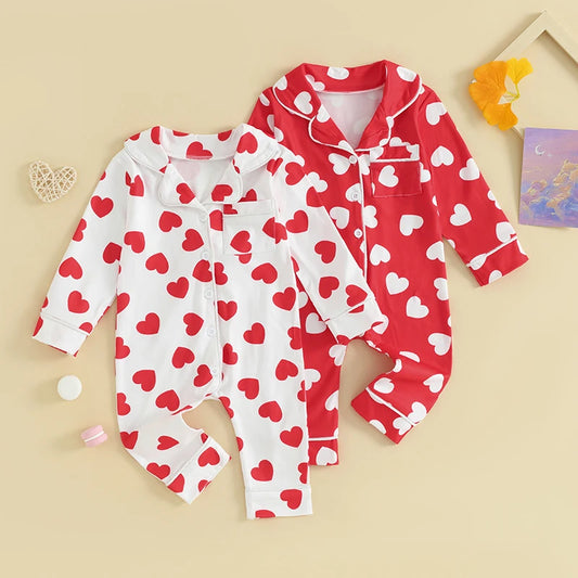 0-24M Baby Pajamas Jumpsuits Heart Print Lapel Button Up Long Sleeve Romper Boys Girls Sleepwear Newborn Infant Clothes Homewear