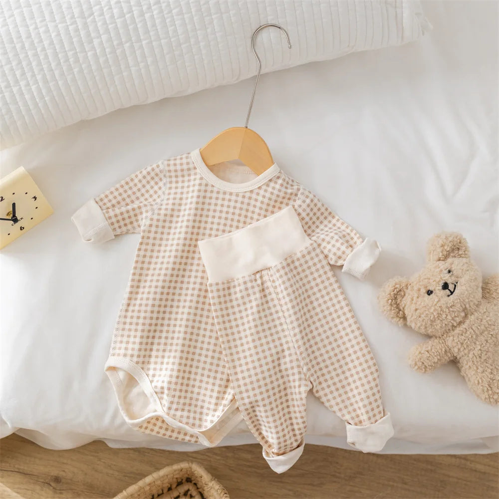 2024 Autumn Baby Pajamas Set 0-2Y Toddler Boys Plaid Bodysuit+Pants Underwear 2Pcs Girls Homewear Suit Toddler Sleep Clothing