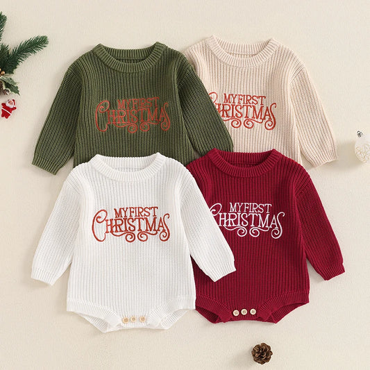 FOCUSNORM 4 Color Autumn Winter Baby Boys Girls Christmas Sweater Romper Letter Embroidery Round Neck Long Sleeve Knit Jumpsuit