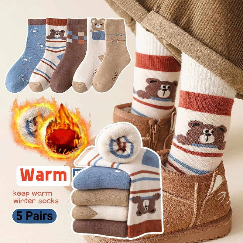 Children's Winter Socks Thick Thermal Terry Socks 5 Pairs/bag Kids Boys Thicken Cotton Socks Mid-calf Warm Socks