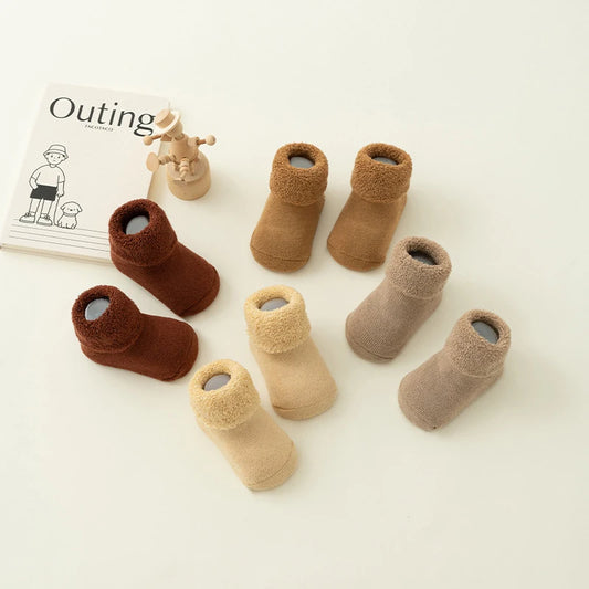 Kids Winter Plush Looped Floor Socks Velvet Lining Baby Socks 0-3Year Children Solid Color Stockings Thick Warm Newborn Footwear