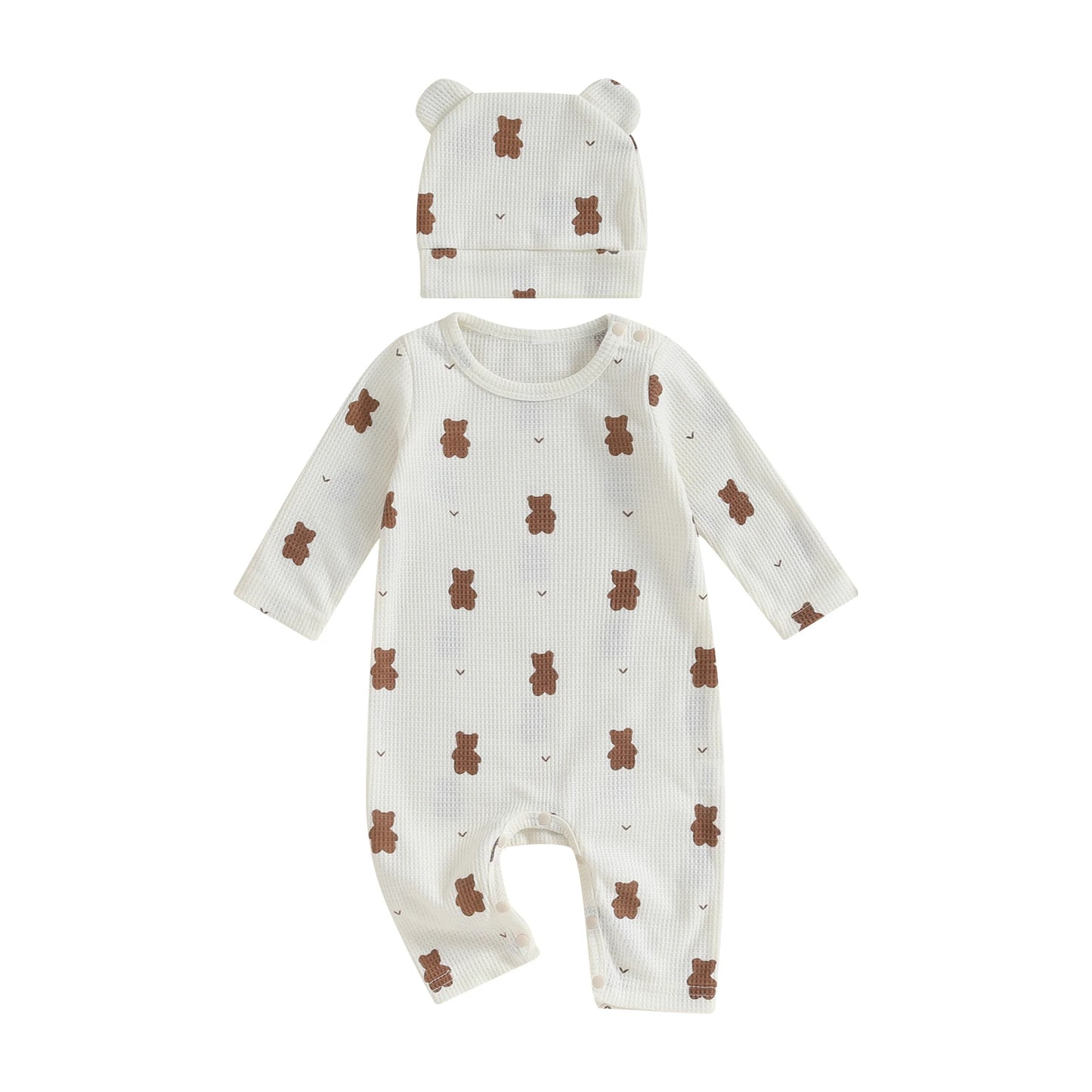 Pudcoco Newborn Baby Girls Boys Rompers Infant Clothes Bear Print Crew Neck Long Sleeve Toddler Fall Jumpsuits with Hat 0-18M