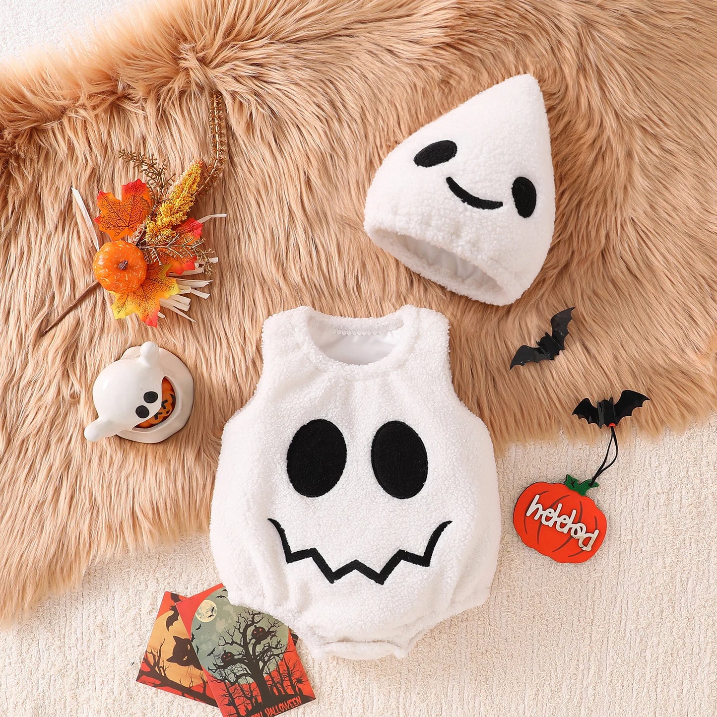 Newborn Baby Boy Girl Halloween Costume Pumpkin Ghost Face Embroidery Romper Hat Infant Halloween Pumpkin Photography Clothes