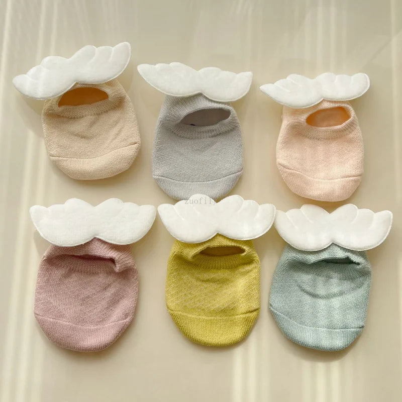 Baby Boys Angel Wing Socks Elastic Cotton Solid Color Newborn Socks Girls Spring Summer Anti-slip Floor Low-cut Socks for 0-3Yrs