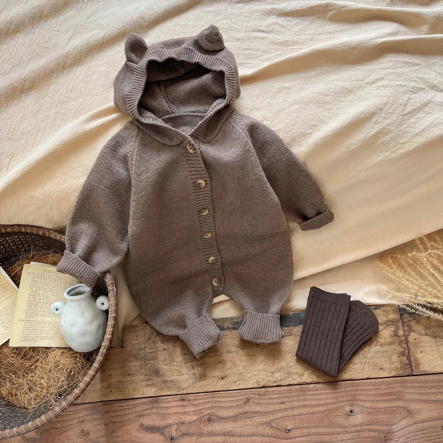 4621 Baby Clothes 2024 Autumn Knitted Cartoon Boy's Jumpsuit Cute Rabbit Ear Girl's Climbing Clothes