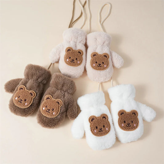 Winter Thicken Warm Baby Gloves Cute Cartoon Bear Baby Boys Girls Mittens Faux Fur Toddler Kids Fingerless Gloves