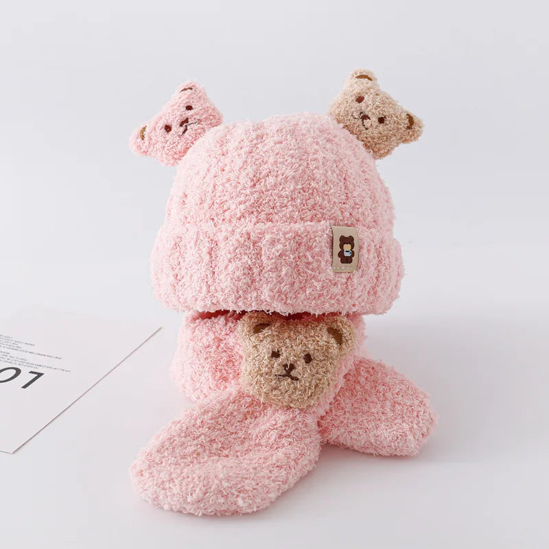 Winter Baby Plush Hat Scarf Set Cartoon Bear Beanies Warm Velvet Infant Neckerchief 6-24Month Kids Ear Protection Pullover Cap