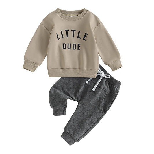 Baby Toddler Boys Fall Winter Outfits Little Dude Letter Printed Long Sleeve Sweatshirts Pants 2Pcs Clothes Set