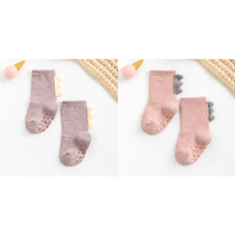 2Pairs Lovely Cute Cartoon Dinosaur Kids Baby Socks Girl Boy Non-slip Floor Socks Animal Infant Soft Cotton Thick Warm Leg Socks