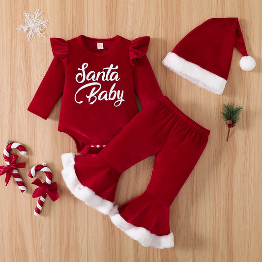 Infant Baby Girl 2023 Christmas Set Long Sleeve Round Neck Ruffled Letters Print Rompers + Flare Pants + Hat
