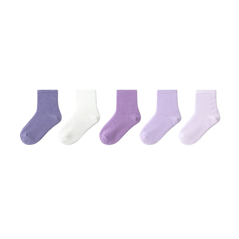 Balabala 5 Pairs Socks Boys Girls 2024 Spring Autumn New Cotton Mid-Calf Socks Solid Colors Comfortable Five Pairs Pack