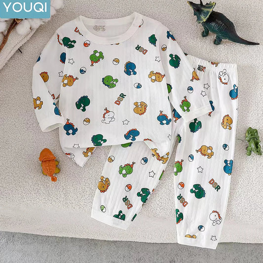 Baby boy spring and autumn thin long sleeved knitted cute full width handsome dinosaur pattern top+casual pants pajama two-piece