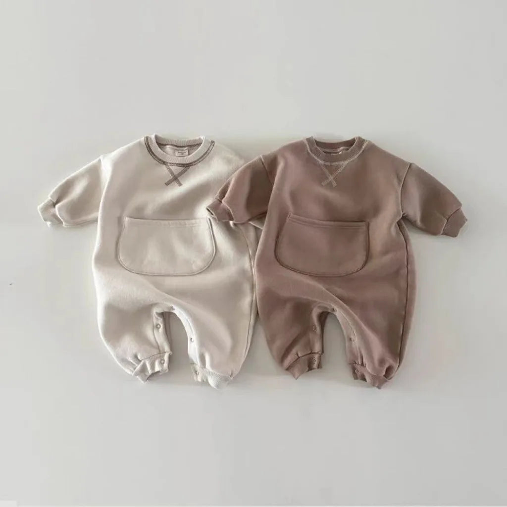 2025 Spring New Baby Long Sleeve Romper Boy Girl Newborn Large Pocket Jumpsuit Cotton Infant Versatile Casual Clothes 0-24M