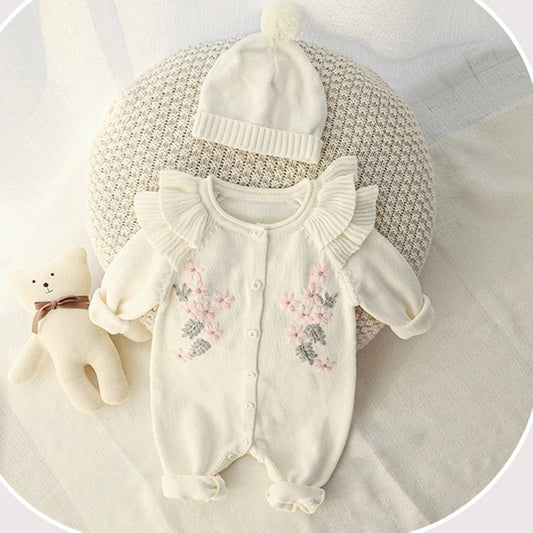 0-24M Baby Girl Rompers Knitted Kids New Spring Autumn Girl Embroidery Flower Rompers + Hat Baby Girl Newborn Rompers Clothes