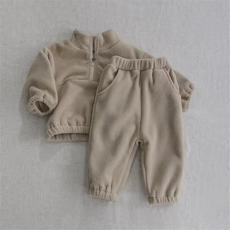 Kids Fleece Warm Set Winter Plus Velvet Outfits Long Sleeved Pullover Tops+Pants 2Pcs Autumn Children's Casual Clothing Suits