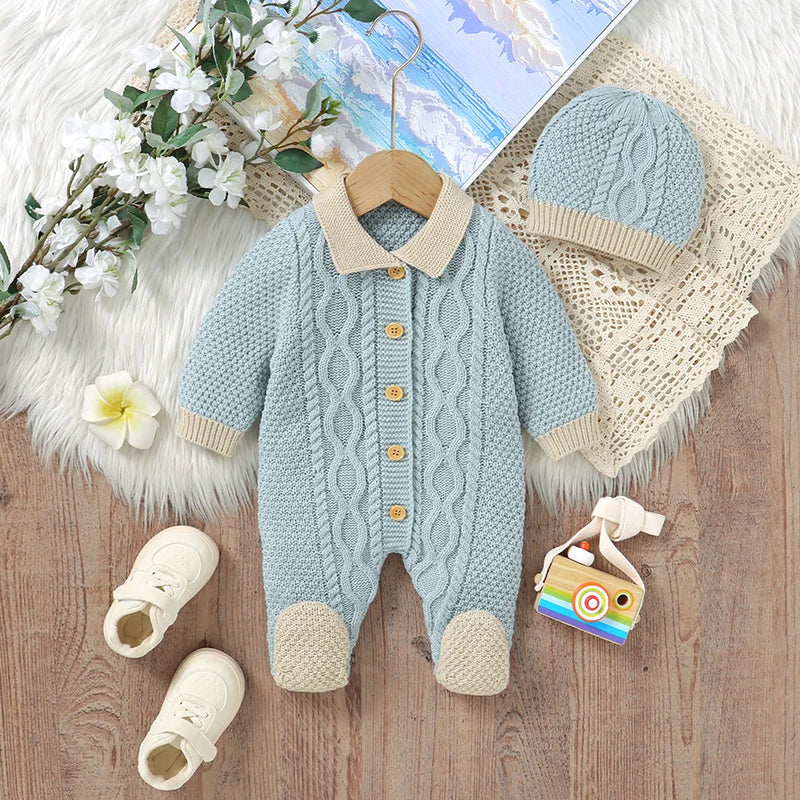 Baby Romper Knit Newborn Boy Girl Jumpsuit Long Sleeve Autumn Foot Wrap Infant Child Clothes Hat 2pcs Fashion 0-9M Overalls Warm