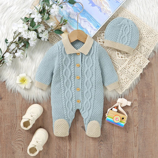 Baby Romper Knit Newborn Boy Girl Jumpsuit Long Sleeve Autumn Foot Wrap Infant Child Clothes Hat 2pcs Fashion 0-9M Overalls Warm