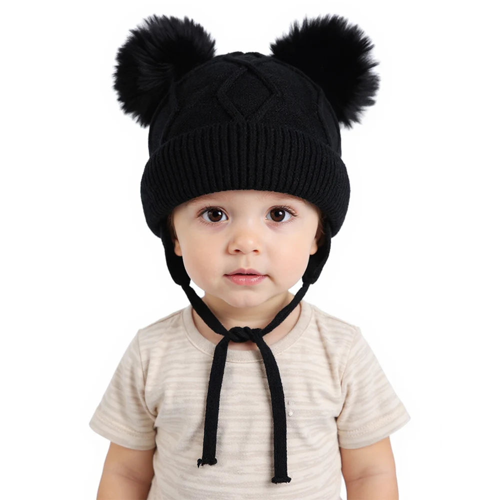 New Autumn Winter Double Ball Knitted Baby Hat for Girls Boys Baby Straps Bonnet with Earmuffs Outdoor Kids Ear Protection Hat