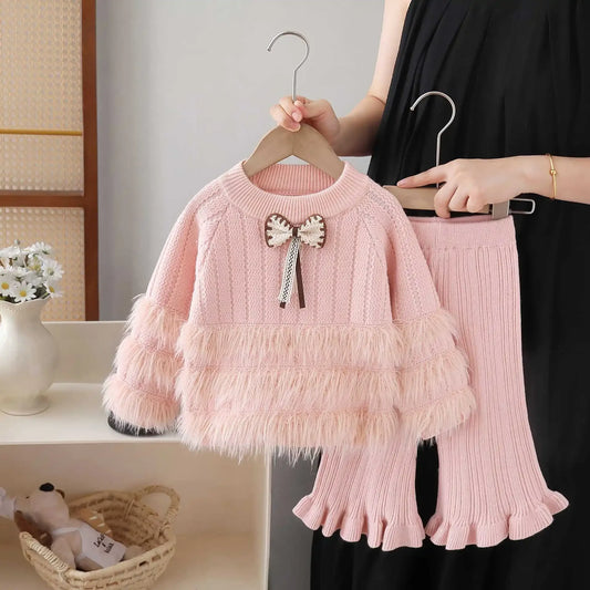 Girls Bow Knit Sweater Set Autumn Winter New - Fluffy Princess Outfit Thickened Knitted Clothing 2-8Y Kids