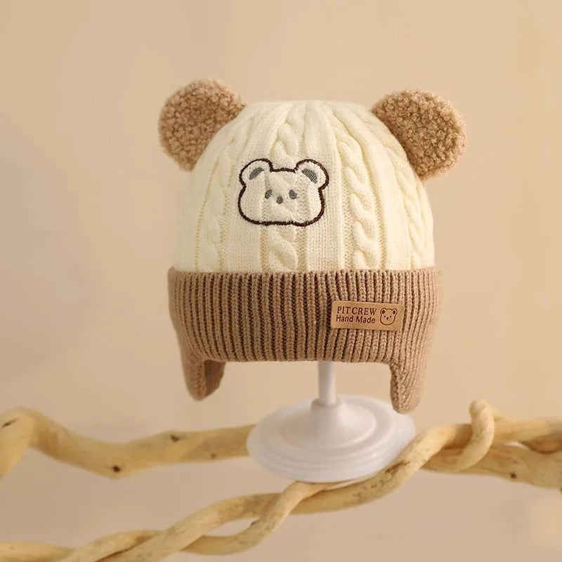 Cute Bear Baby Earmuffs Cap Winter Warm Kids Plush Pullover Hat 6-36Month Toddler Beanies Thicken Velvet Children Crochet Bonnet
