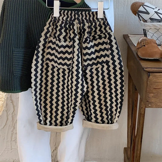 2025 Autumn Kids Zigzag Stripe Wide Leg Pants Elastic Waist Baggy Trousers with Pockets 2-7Y Boys Girls Casual Clothes