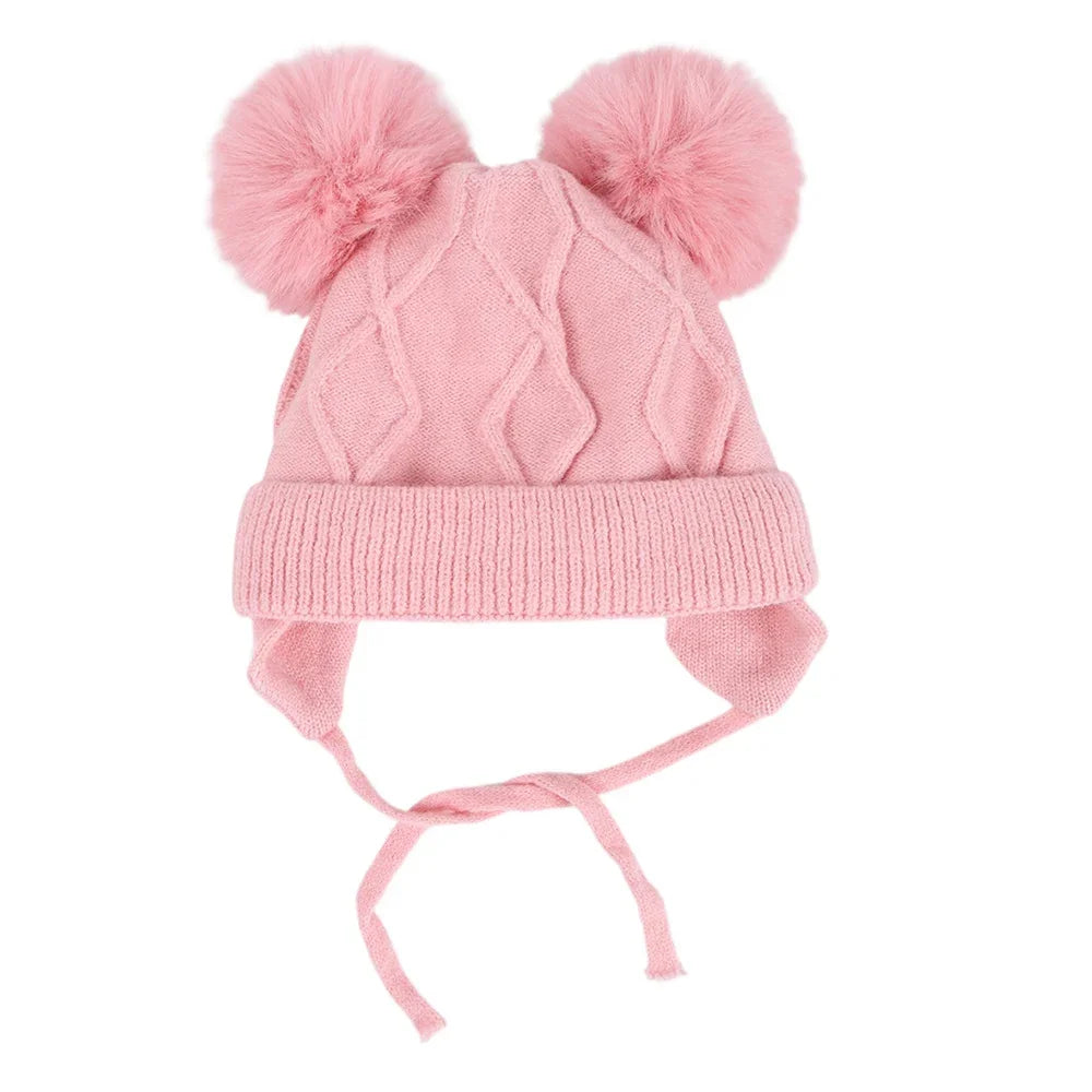 New Autumn Winter Double Ball Knitted Baby Hat for Girls Boys Baby Straps Bonnet with Earmuffs Outdoor Kids Ear Protection Hat